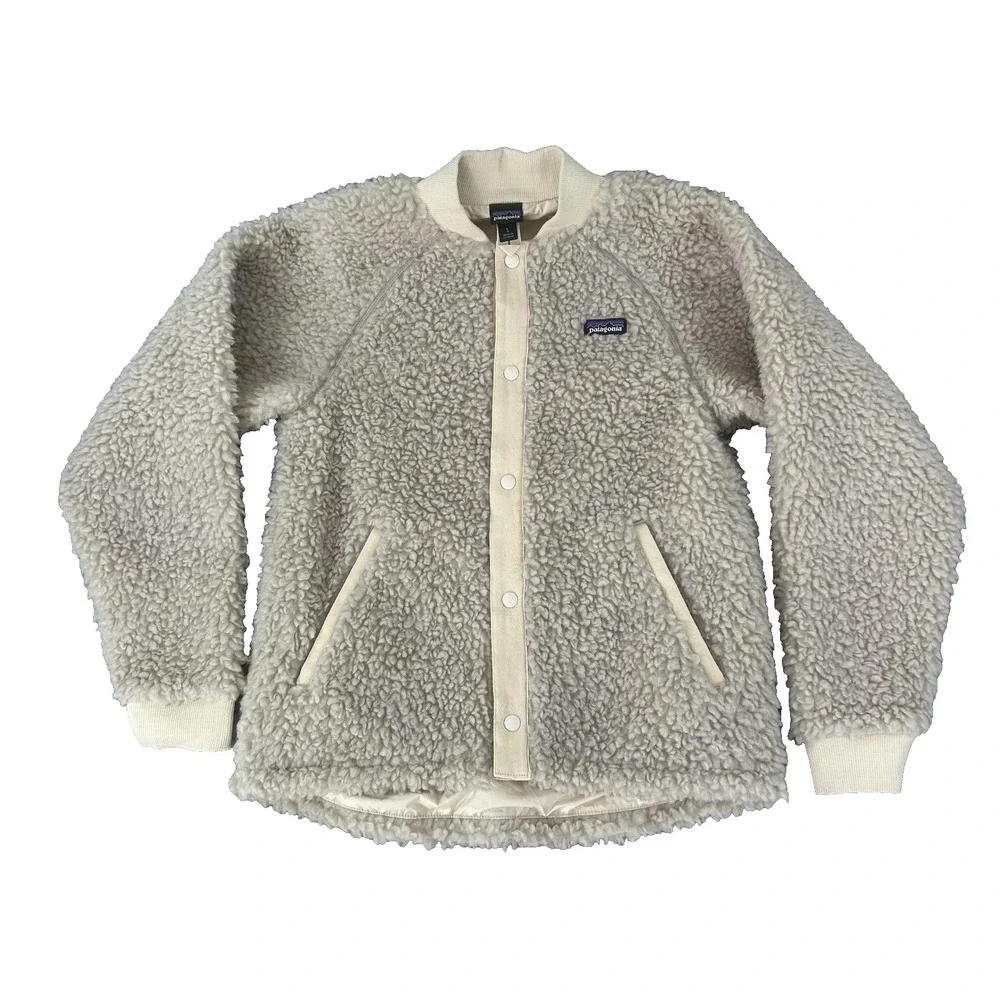 Patagonia Jacket Youth Large Beige Los Gatos Fleece Snap Bomber Lined Outdoor